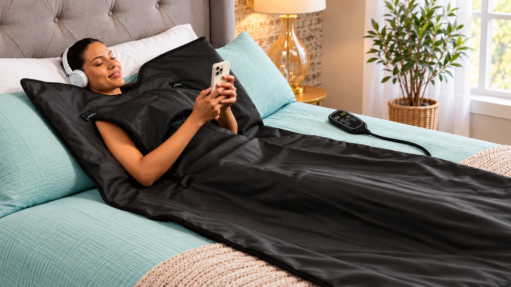 Woman using a  infrared sauna blanket