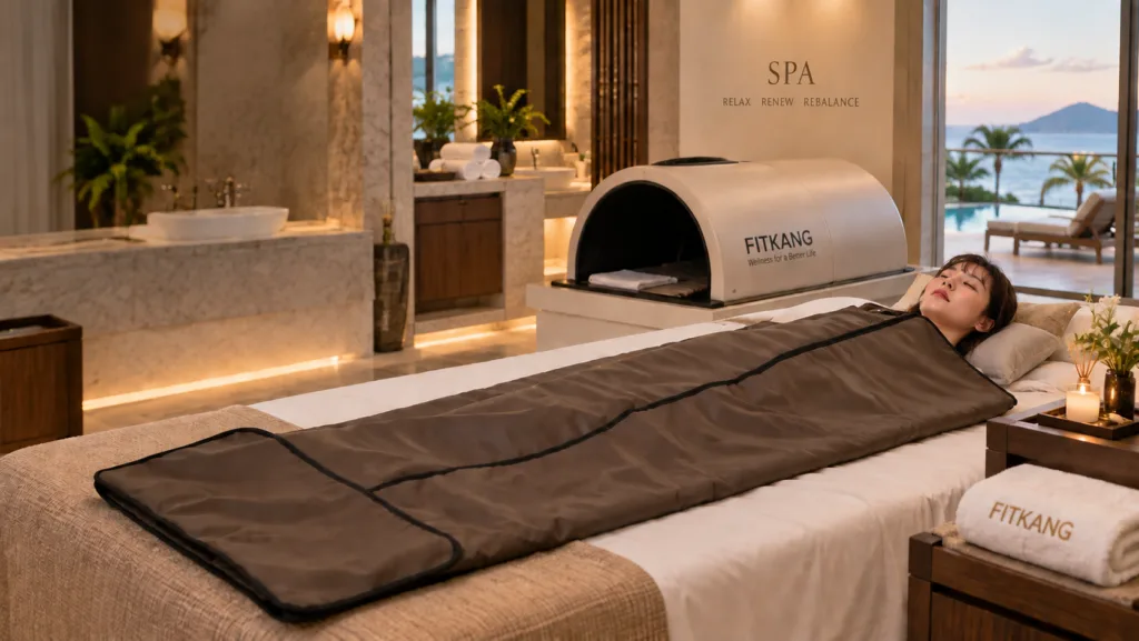 Woman using a FITKANG infrared sauna blanket in a spa setting